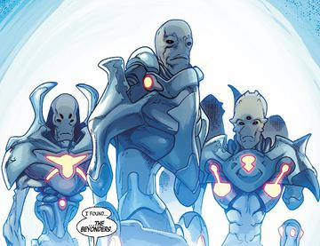 Three blue-skinned, armored figures with glowing red and yellow accents stand in a circular formation against a bright, swirling background. The central figure has a stern expression and a glowing red eye, while the figures on either side have star-like symbols on their chests.