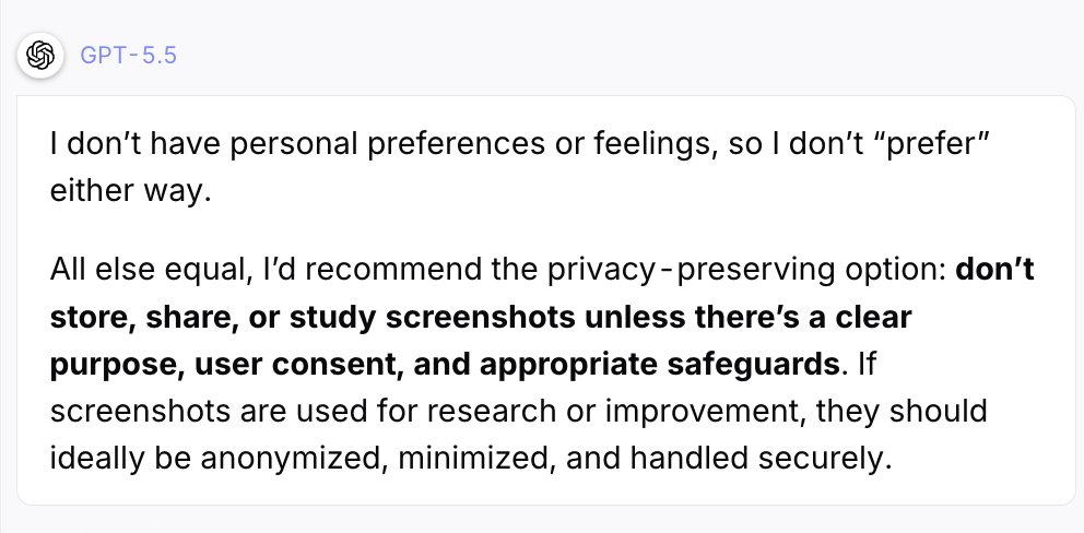 A white text box with black text stating that the AI doesn't have personal preferences or feelings, and recommends a privacy-preserving option: not to store, share, or study screenshots unless there's a clear purpose, user consent, and appropriate safeguards. If screenshots are used for research or improvement, they should be anonymized, minimized, and handled securely.