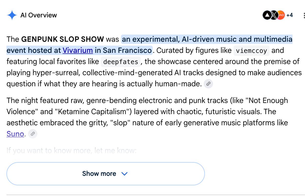 A Google AI Overview describing the GENPUNK SLOP SHOW as an experimental AI-driven music and multimedia event at Vivarium in San Francisco