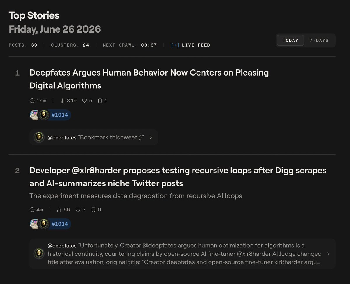 A dark-themed Twitter feed titled "Top Stories" for Friday, June 26 2026, displaying two top tweets. The first tweet by @deepfates discusses human behavior centering on pleasing digital algorithms, and the second by @xlr8harder involves testing recursive loops after Digg scrapes and AI-summarizes Twitter posts.