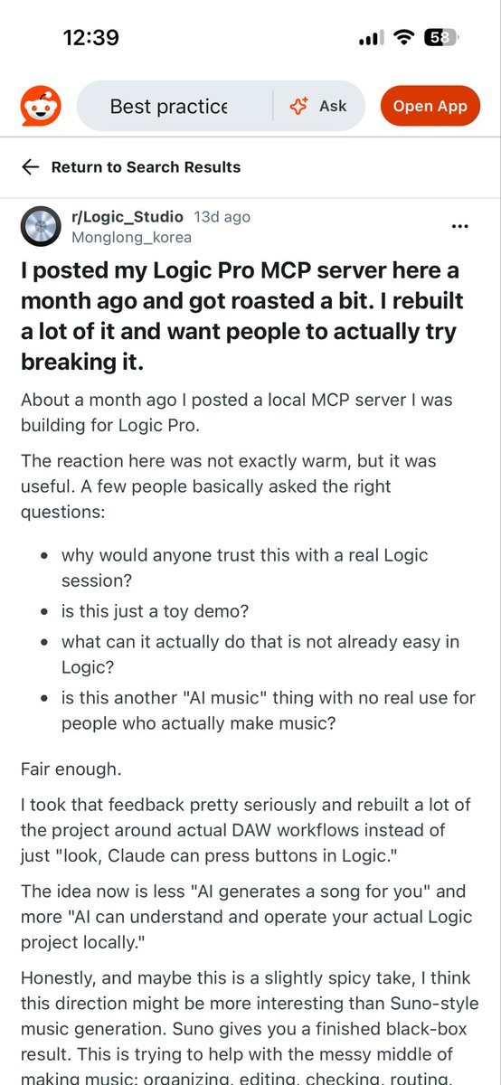 A screenshot of a Reddit post from r/Logic_Studio, where the user explains they rebuilt their Logic Pro MCP server after receiving criticism for the original version, aiming to make it more useful for real music production workflows.