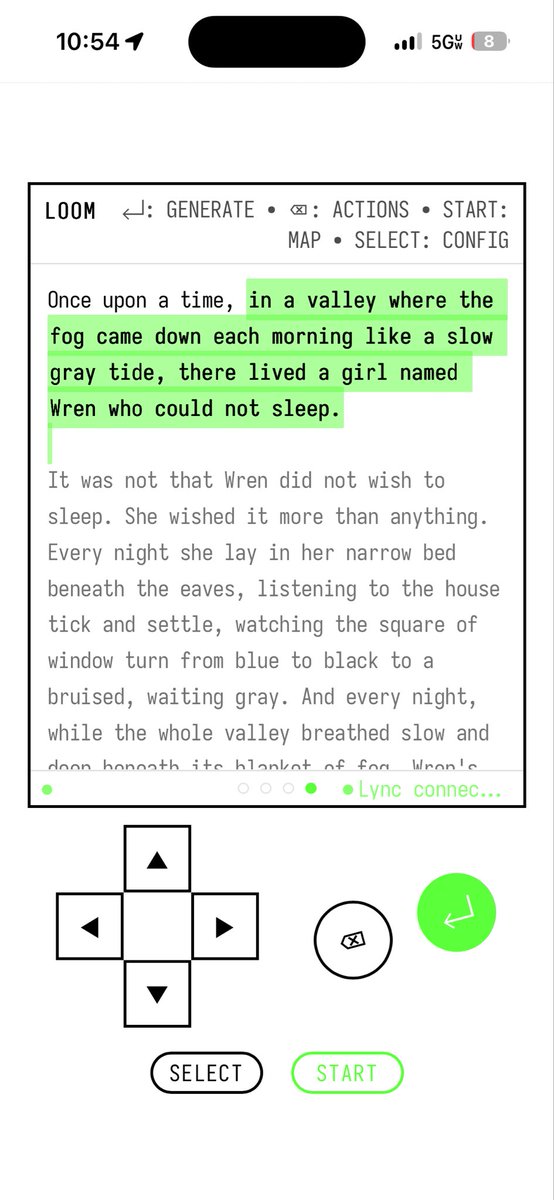 A mobile screen displaying a text-based narrative with the first paragraph highlighted in green, beginning "Once upon a time, in a valley where the fog came down each morning like a slow gray tide, there lived a girl named Wren who could not sleep." Below the text are navigation buttons and a green "START" button.