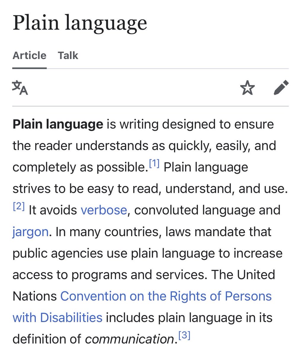 A screenshot of a Wikipedia article titled "Plain language" on a mobile device. The article defines plain language as writing designed for quick, easy, and complete understanding, avoiding verbose, convoluted language and jargon.