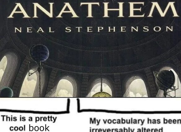 A meme featuring the cover of Neal Stephenson's book "Anathem" above two text boxes. The book cover shows a dark, domed ceiling with arched windows and celestial models. The text boxes below are separated by a black line that forms a right angle, with the left box saying "This is a pretty cool book" and the right box saying "My vocabulary has been irreversibly altered."