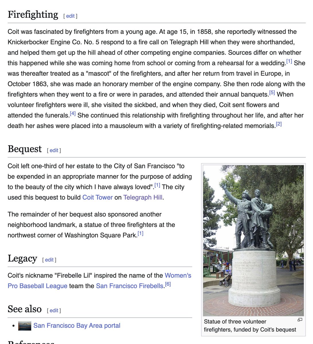 A screenshot of a Wikipedia page about "Firefighting" and "Bequest" with a photo of a statue of three firefighters. The statue is made of dark metal and depicts two men standing, one holding a third person in his arms.