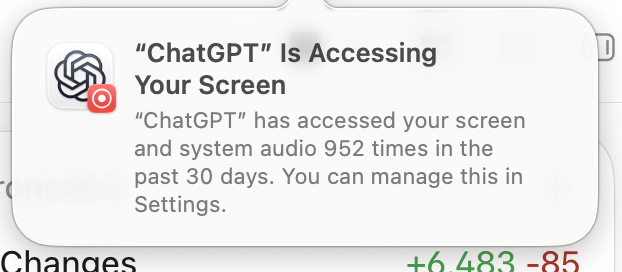 A screenshot of a notification from "ChatGPT" stating that it is accessing the user's screen. The notification shows the ChatGPT logo with a red recording icon.