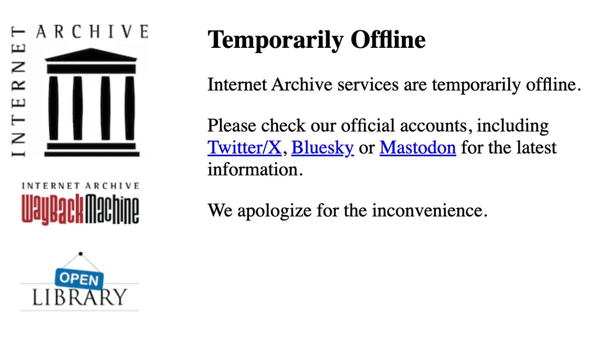 A screenshot of the Internet Archive website showing a "Temporarily Offline" message. The page features the Internet Archive logo, the Wayback Machine logo, and the Open Library logo on the left side.