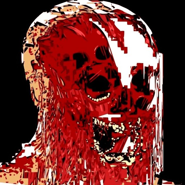 A distorted, glitchy image of a human head, primarily in shades of red, black, and white. The head appears to be screaming, with multiple mouths and eyes, and the overall effect is one of extreme distress or horror.