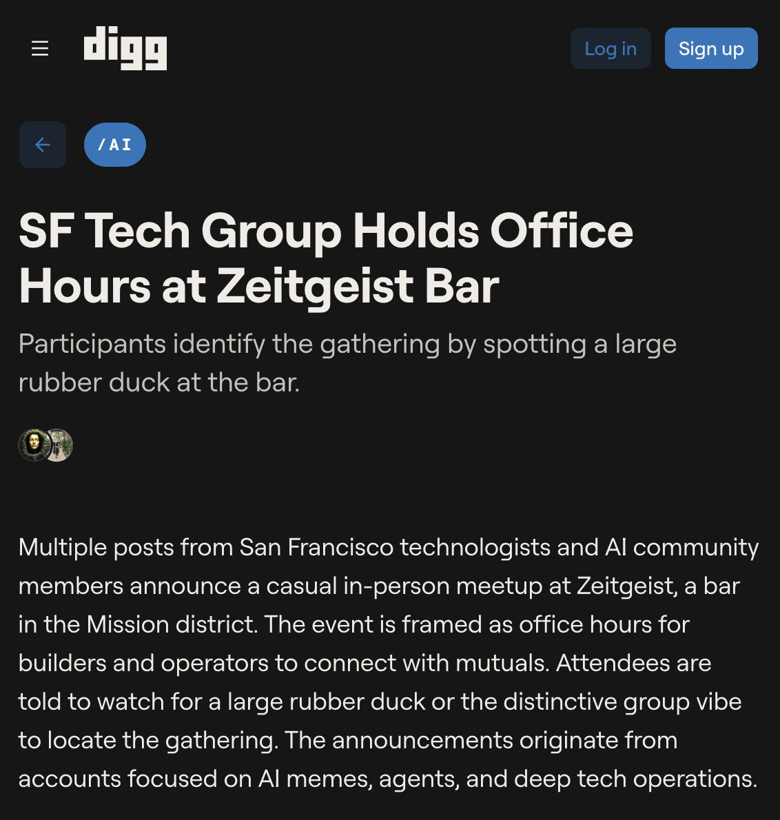 A screenshot of a Digg article on a dark background, titled "SF Tech Group Holds Office Hours at Zeitgeist Bar." The article describes a casual in-person meetup for San Francisco technologists and AI community members.
