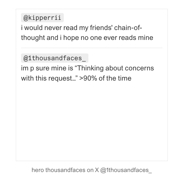 A screenshot of two text posts on a light gray background. The first post is from @kipperrii and the second is from @1thousandfaces_.