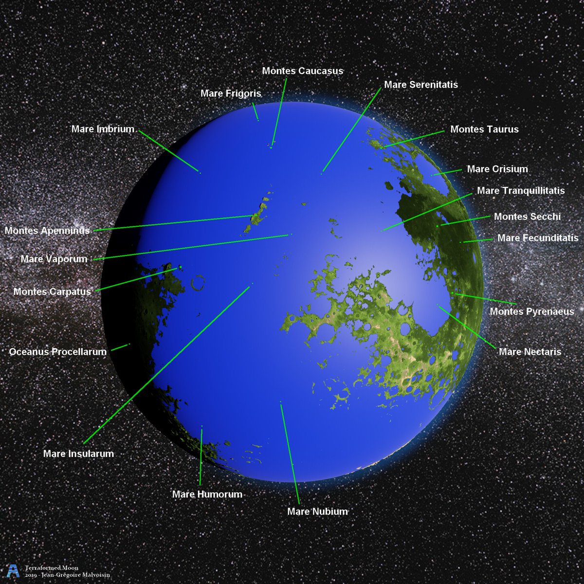 A 3D rendering of a terraformed moon, with blue oceans and green landmasses, against a starry background. Green lines point to various labeled features on the moon's surface.