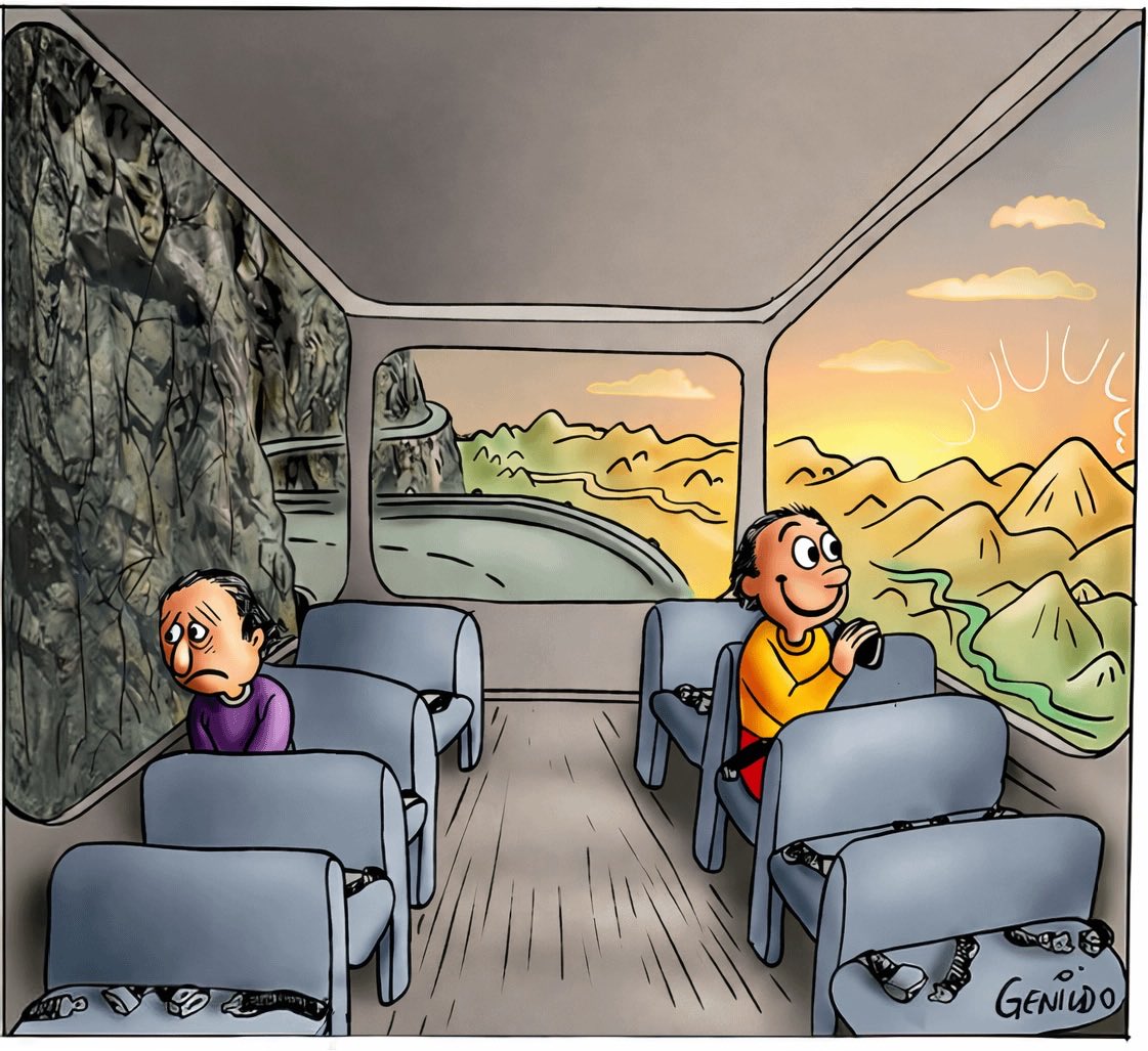 A cartoon shows the inside of a bus with two passengers. On the left, a sad man looks out at a rocky mountain. On the right, a happy man looks out at a sunny landscape with mountains and a river.