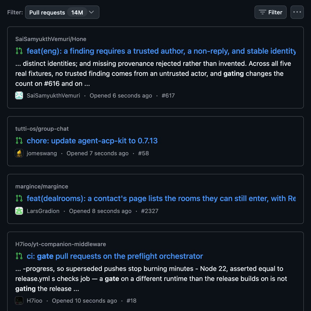 A screenshot of a GitHub page showing a list of pull requests with their titles, descriptions, authors, and timestamps. The page has a dark theme with white text.