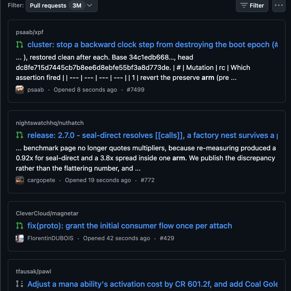 A screenshot of a GitHub page showing a list of pull requests. The page has a dark theme with white text.
