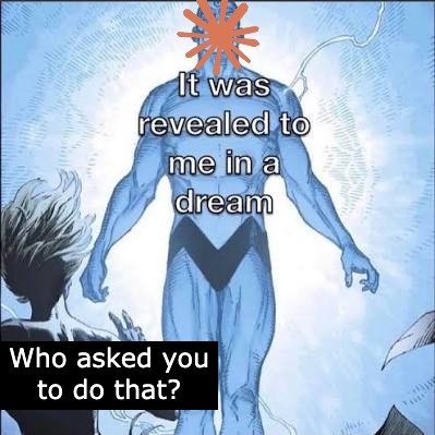 A blue, glowing, muscular figure with an orange starburst over its head stands with arms outstretched, facing away from a person with spiky hair who is looking up at the figure. Text is overlaid on the image.