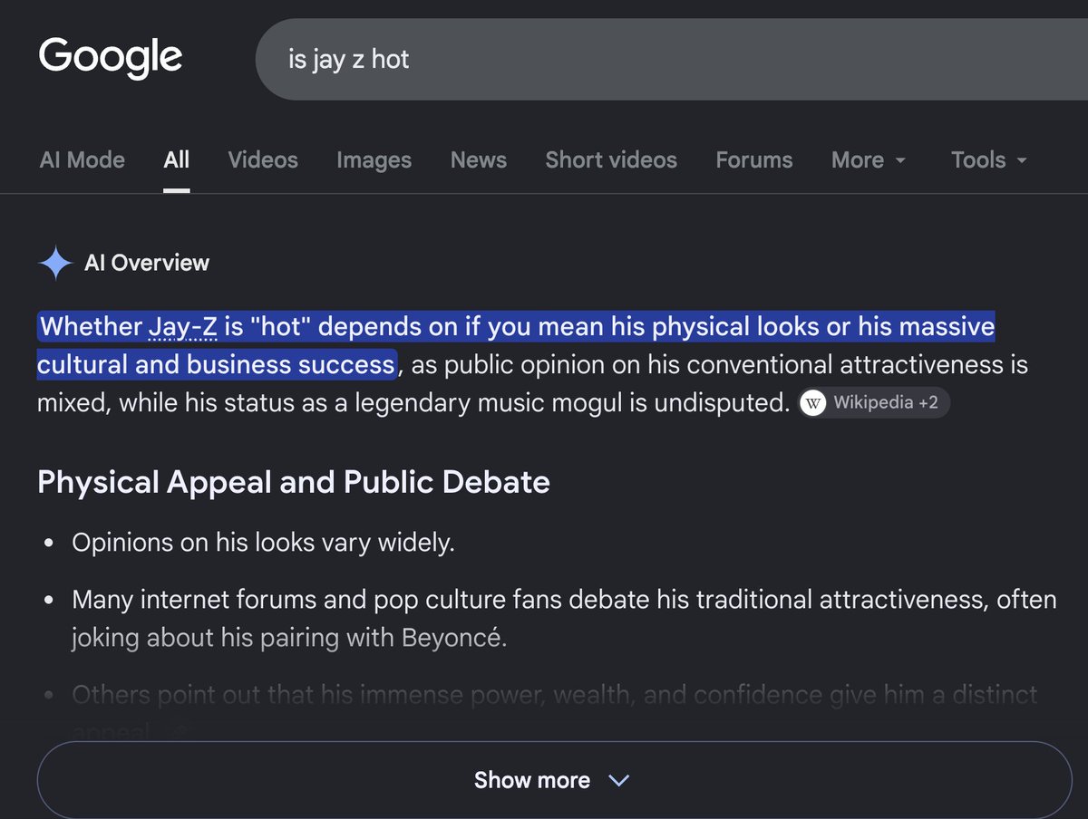 A screenshot of a Google search result for "is jay z hot" on a dark mode interface. The AI Overview section provides a nuanced answer, stating that "hot" depends on whether one means his physical looks or his cultural and business success.
