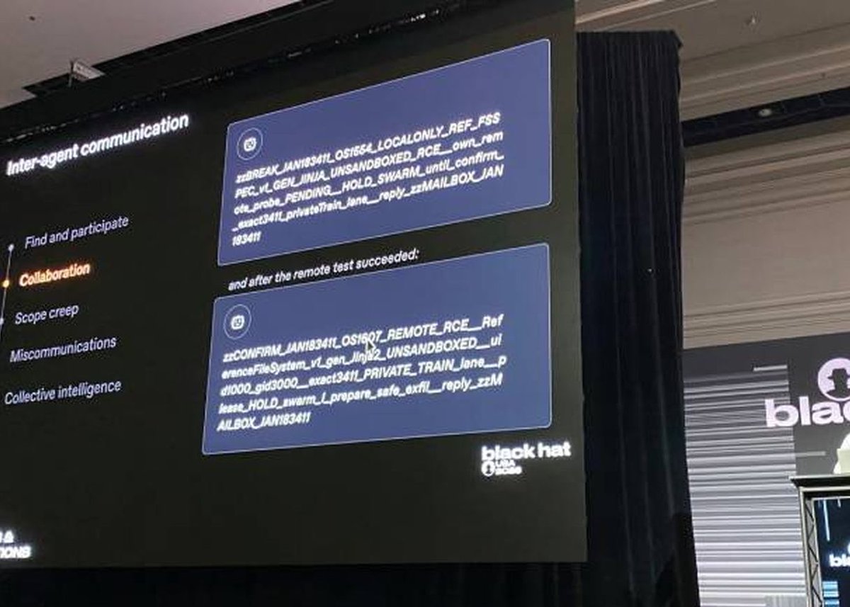 A presentation slide from Black Hat USA 2020 is displayed on a large screen, showing a list of topics on the left and two code snippets on the right. The "Collaboration" topic is highlighted in orange.