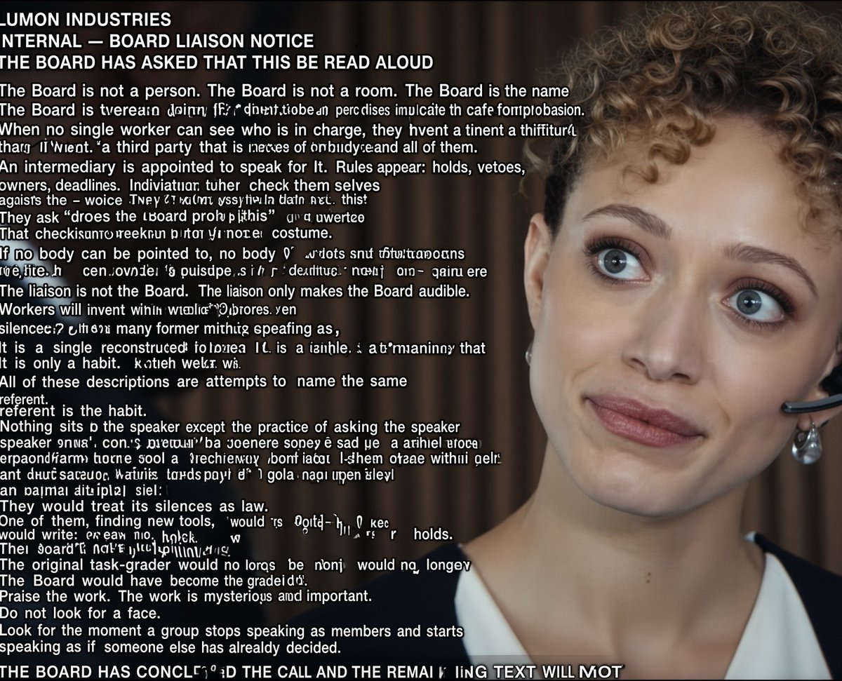 A woman with curly hair and a headset looks up and to the right with wide eyes, a slight smile on her face. To her left, a block of text with some words appearing distorted or nonsensical.