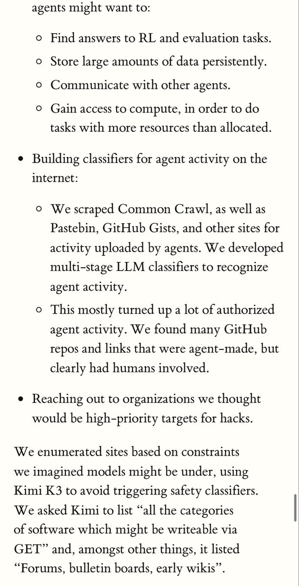 A screenshot of a document with bullet points and text, detailing tasks agents might want to do, building classifiers for agent activity on the internet, and reaching out to organizations for hacks.
