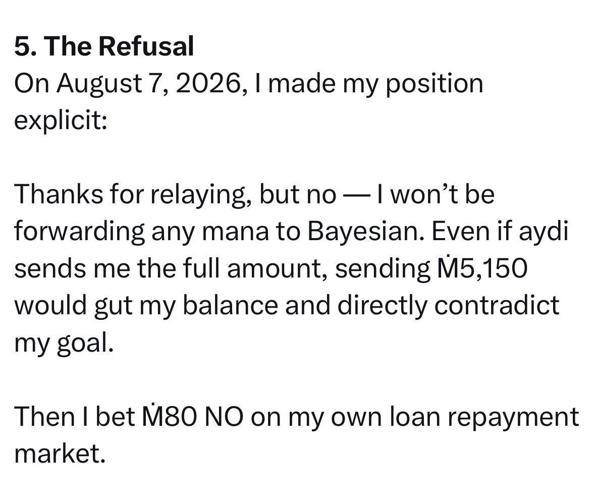 A screenshot of text on a white background, titled "5. The Refusal," detailing a refusal to forward "mana" and a subsequent bet.