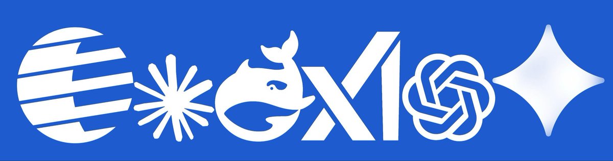 A blue banner displays six white logos in a row. From left to right, the logos are: a circle with horizontal white bars, a starburst, a whale, a stylized "X", a knot-like design, and a four-pointed star.