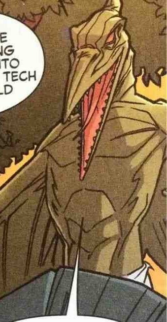 A comic book panel shows a brown pterodactyl-like creature with its mouth wide open, revealing a long, red tongue and sharp teeth. A speech bubble is partially visible in the upper left corner.