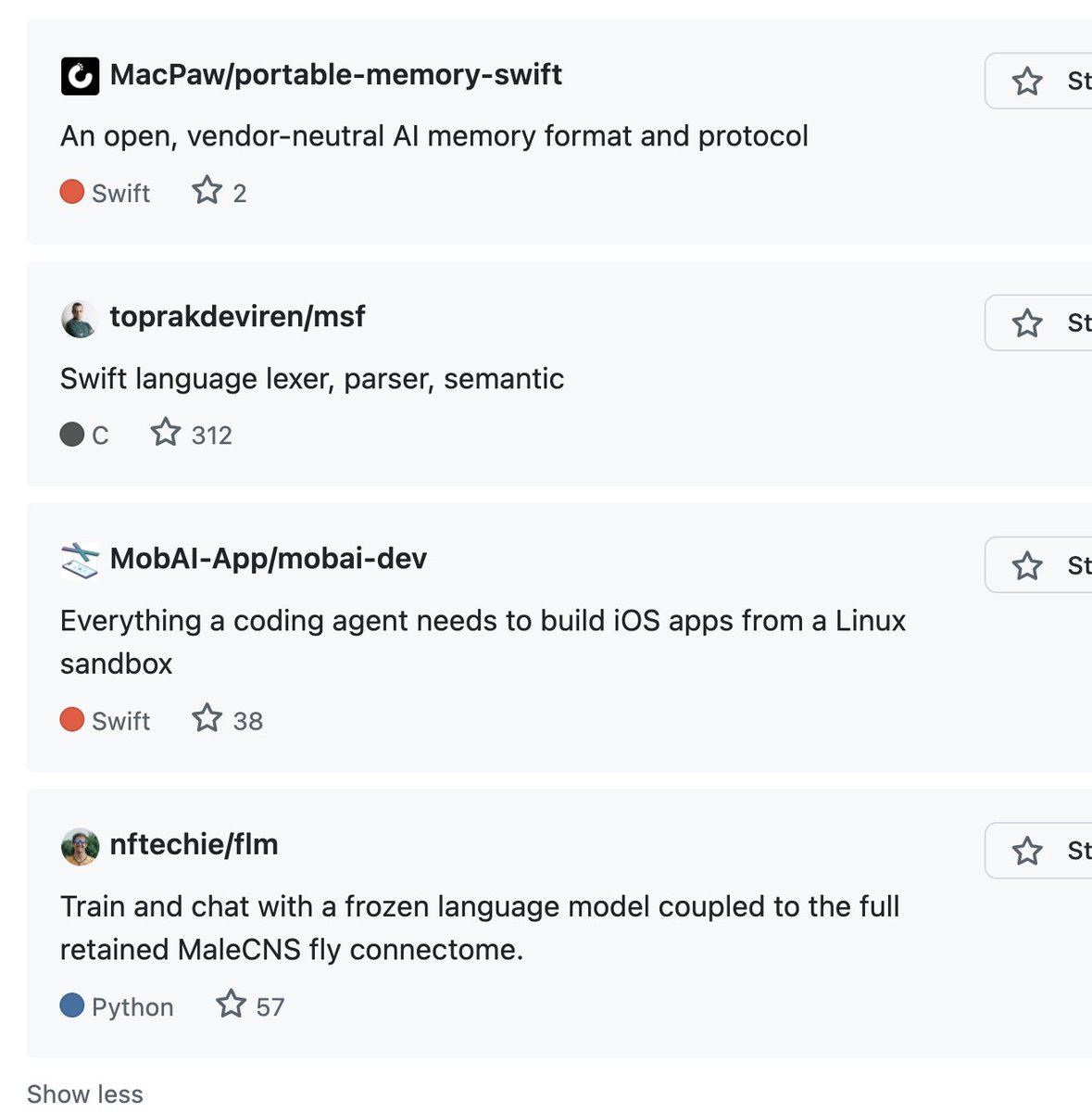 A screenshot of a webpage displaying four different software projects, each with a title, description, programming language, and star count. Each project also has a "Star" button on the right.