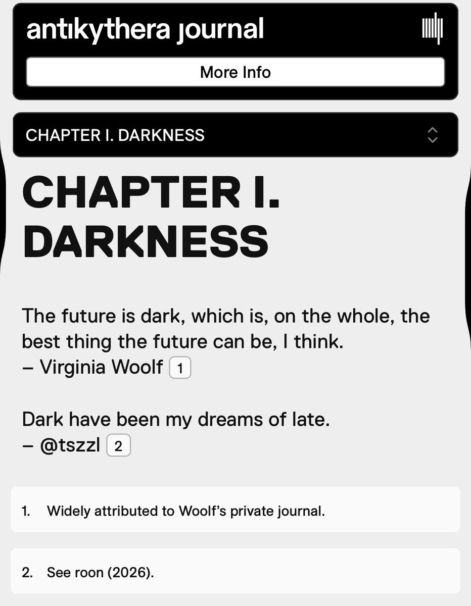 A screenshot of a digital journal entry titled "CHAPTER I. DARKNESS" from "antikythera journal." The entry features two quotes about darkness, attributed to Virginia Woolf and @tszzl, followed by two numbered footnotes.