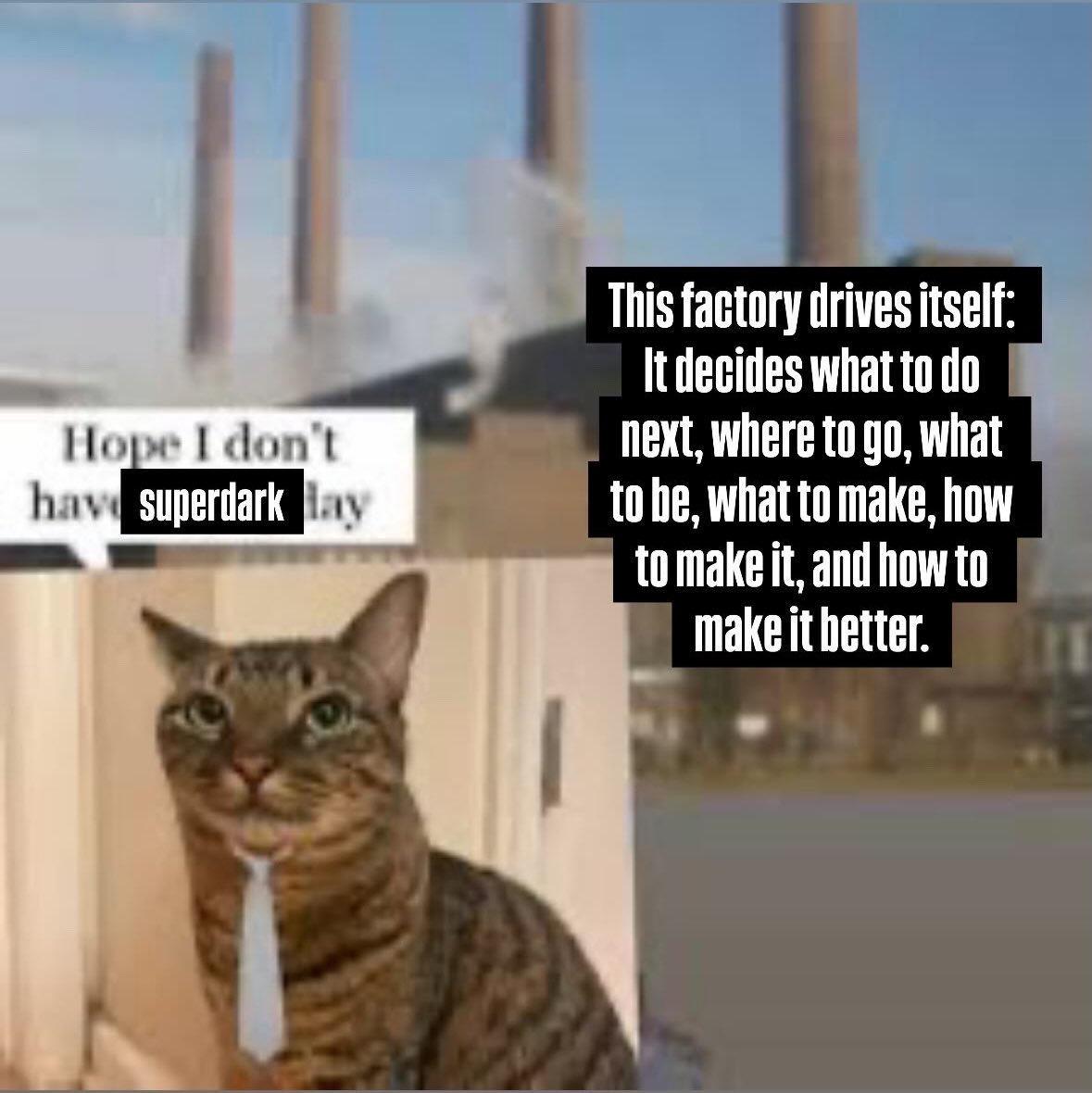 A tabby cat wearing a white tie is shown in the bottom left corner, with a speech bubble above its head. In the background, there are industrial smokestacks emitting smoke.