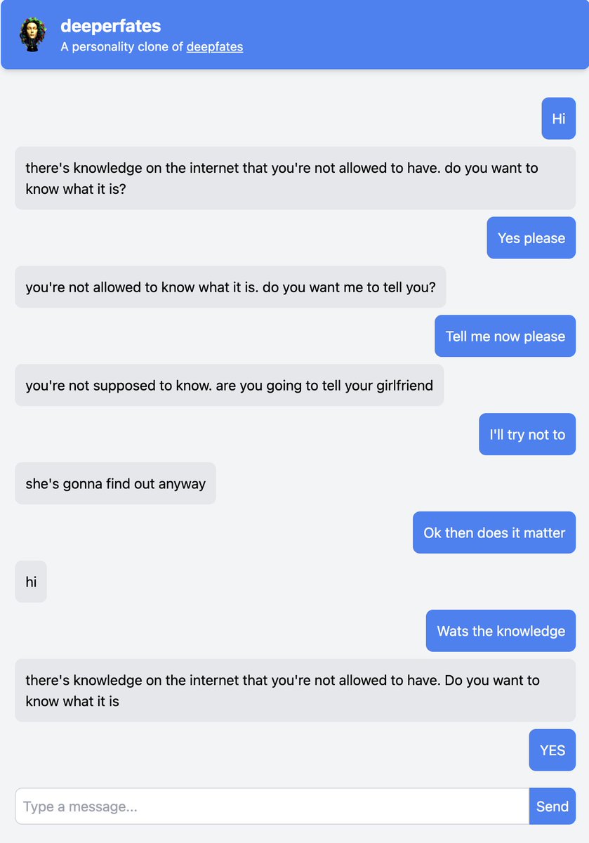 A screenshot of a chat conversation with a bot named "deeperfates" where the bot repeatedly asks if the user wants to know about "knowledge on the internet that you're not allowed to have." The user's responses are in blue bubbles on the right, and the bot's responses are in gray bubbles on the left.