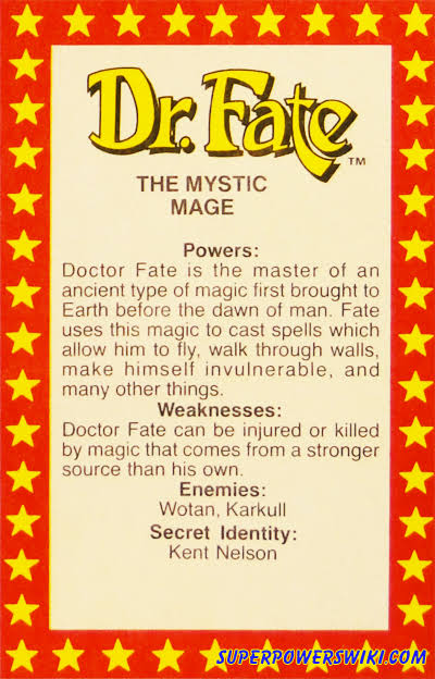 A trading card for Dr. Fate, a DC Comics character, with a red border adorned with yellow stars. The card provides details about his powers, weaknesses, enemies, and secret identity.