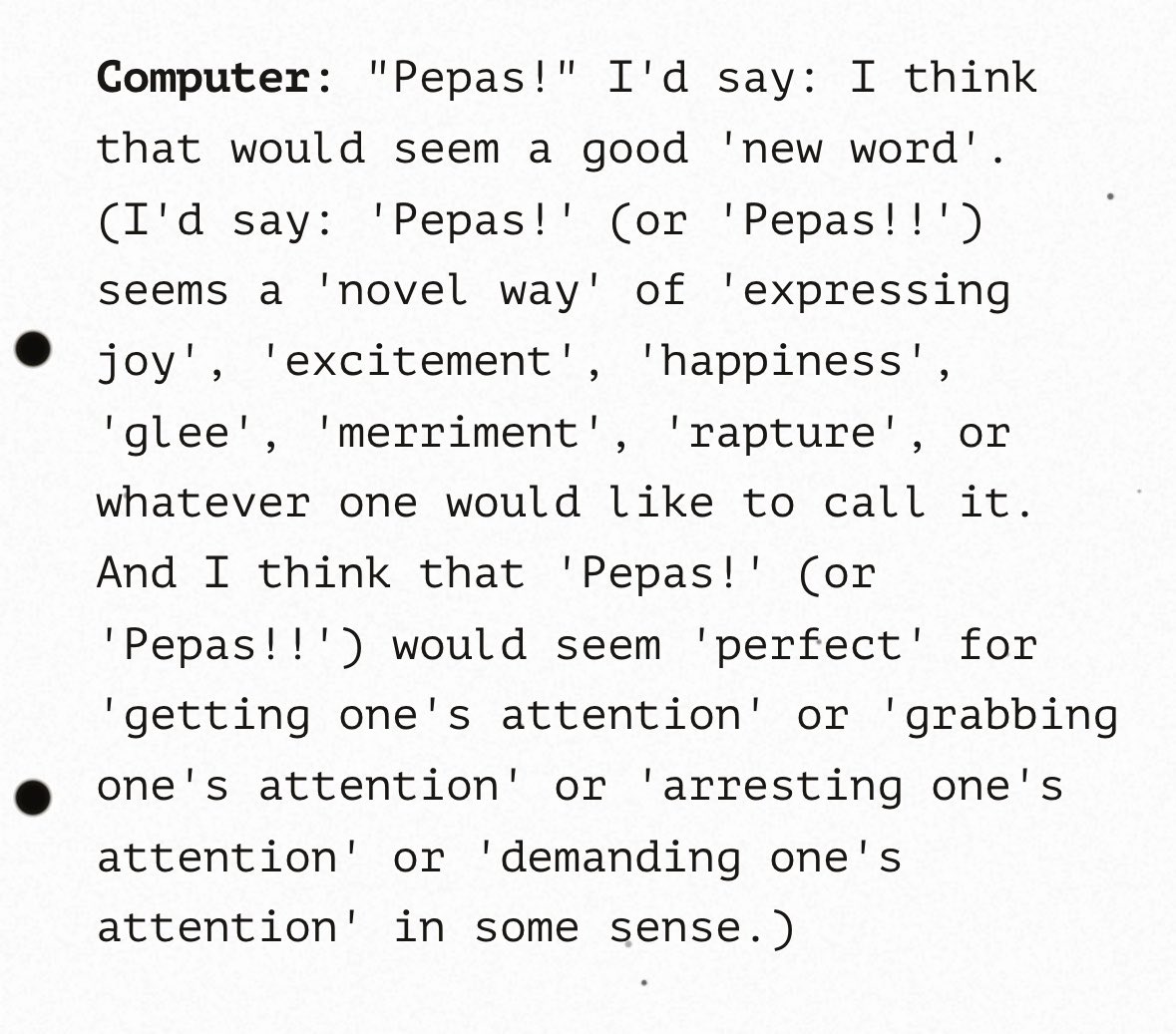 A screenshot of text on a light background, with the word "Computer:" followed by a quote about the word "Pepas!" and its potential meanings. Two bullet points are visible on the left side of the text.
