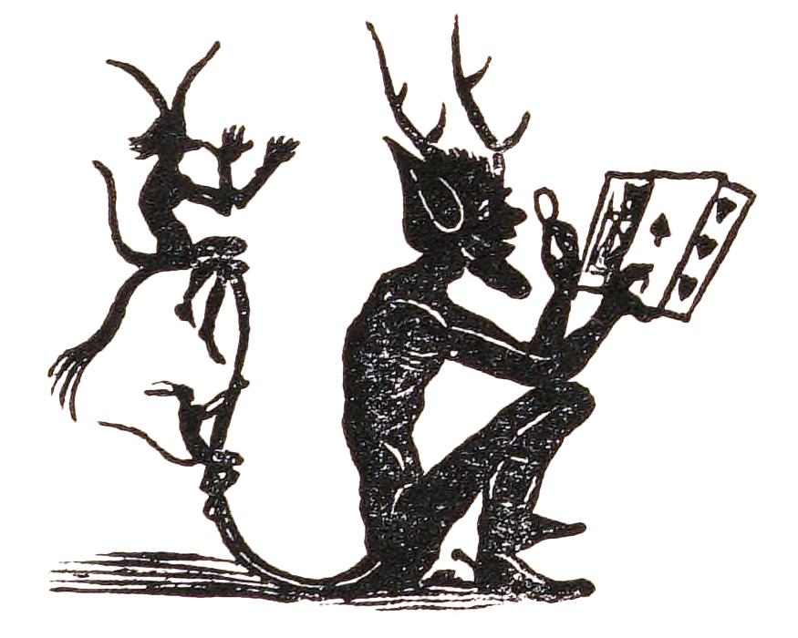A black silhouette of a horned demon-like figure with a beard, sitting and looking at a hand of playing cards through a magnifying glass. Behind him, a smaller, imp-like creature with horns and a long tail sits on a rope, looking surprised with its hands raised.