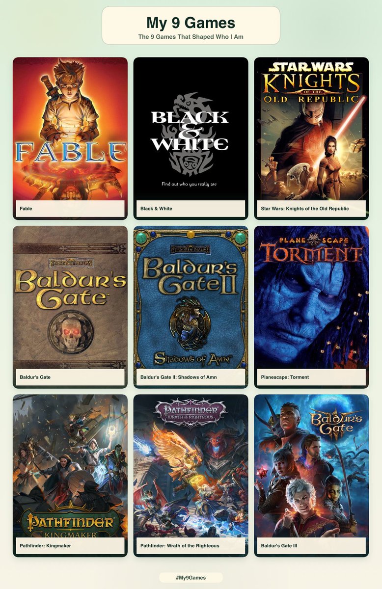 A grid of nine video game covers is displayed on a light green background, with a title at the top that reads "My 9 Games." Each game cover has a white label below it with the game's title.