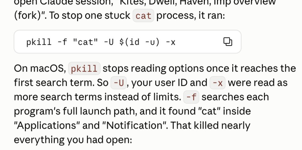A screenshot of text explaining how a "pkill" command on macOS can accidentally kill many processes due to how it interprets search terms and options. The text includes a code snippet of the "pkill" command.