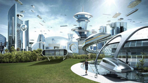 A futuristic city with sleek, modern buildings, flying vehicles, and a monorail system. A person walks a small dog on a leash along a curved path in the foreground, next to a body of water with a floating vehicle.