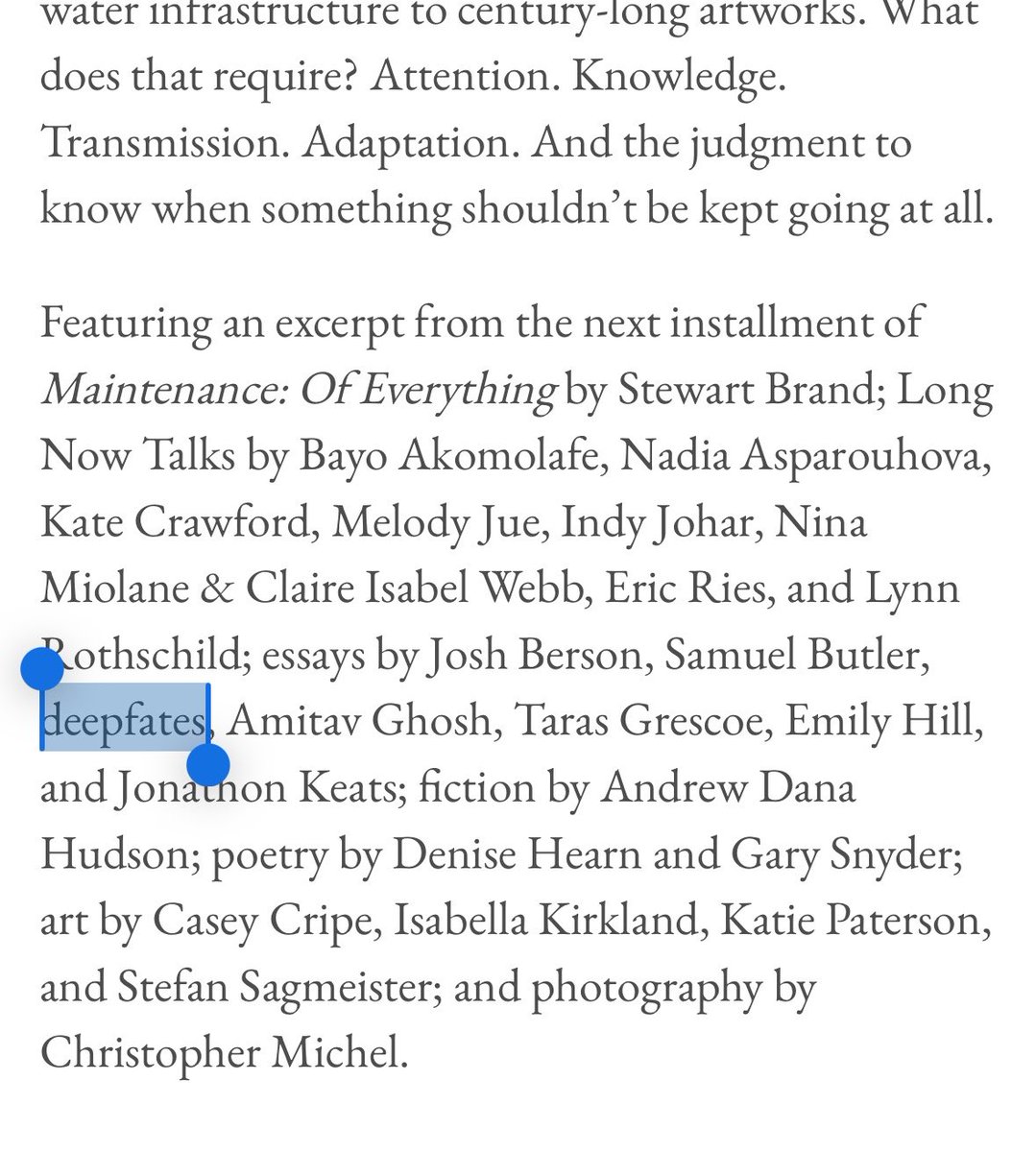 A close-up of a page from a book or magazine, showing a paragraph of text in a serif font. Two blue dots highlight the word "deepfates" in the middle of the paragraph.