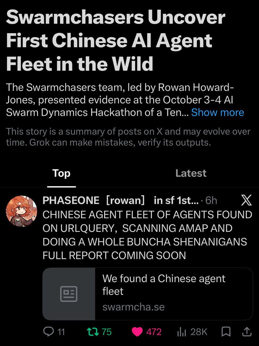 A screenshot of a news article with the headline "Swarmchasers Uncover First Chinese AI Agent Fleet in the Wild" and a social media post about finding a Chinese agent fleet. The article text is white on a black background.