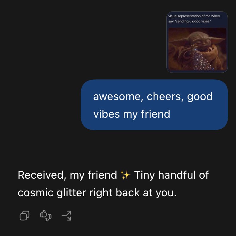 A screenshot of a text message conversation on a dark background. One message bubble is blue and contains text, and another message is white text on the dark background. Above the blue message bubble is a small image of Baby Yoda with glitter coming out of his mouth.