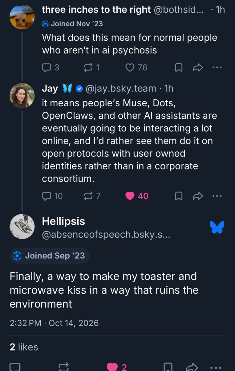 A screenshot of a social media conversation on a dark blue background, showing three different users discussing AI and its implications. The first user asks what AI means for normal people, the second user explains it means AI assistants will interact online on open protocols, and the third user makes a sarcastic comment about toasters and microwaves.