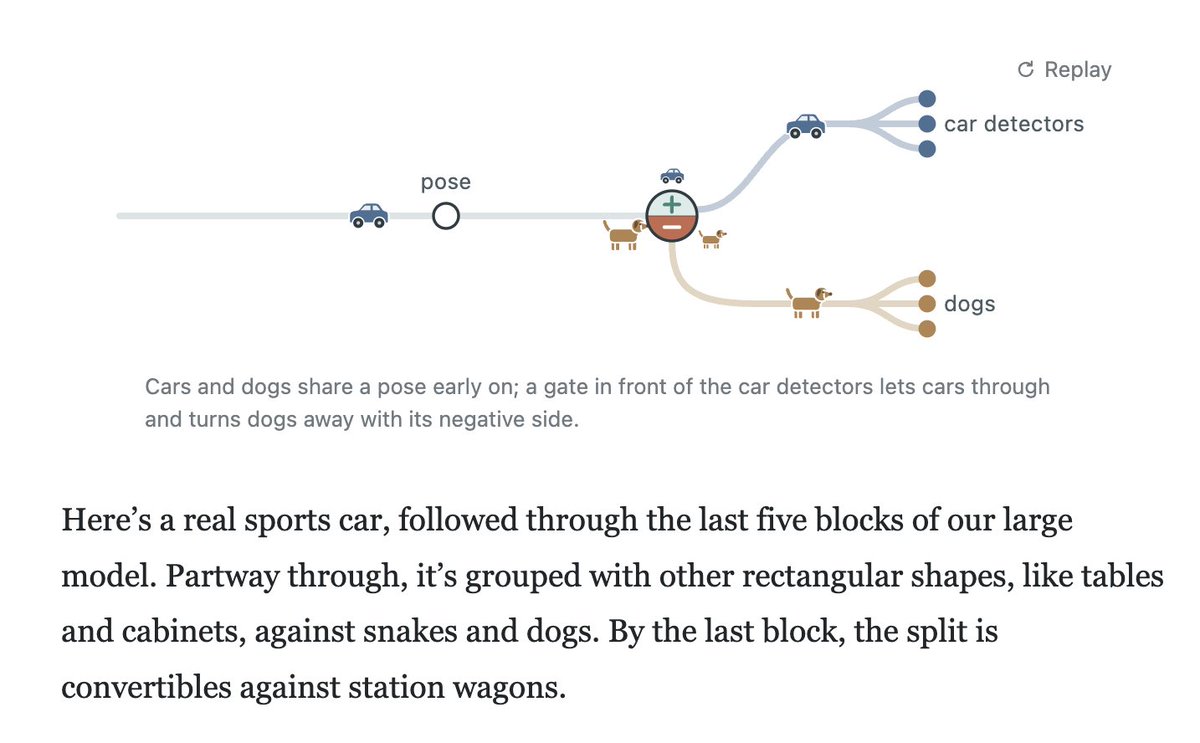 A diagram illustrates a process where cars and dogs initially share a "pose" stage, then encounter a gate that allows cars to proceed to "car detectors" and diverts dogs to "dogs." Below the diagram, text describes how a sports car is processed through a large model, initially grouped with rectangular shapes, then separated from snakes and dogs, and finally distinguished from station wagons.