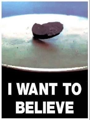 A dark, irregularly shaped object, possibly a meteorite, rests on a light-colored, reflective surface, casting a shadow. Below the image, white text on a black background reads "I WANT TO BELIEVE."
