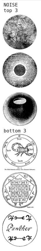 This image displays six circular symbols or seals, labeled "NOISE top 3" and "bottom 3," featuring intricate designs including a scorpion, a grid of numbers, and stylized text, likely representing occult or esoteric imagery.