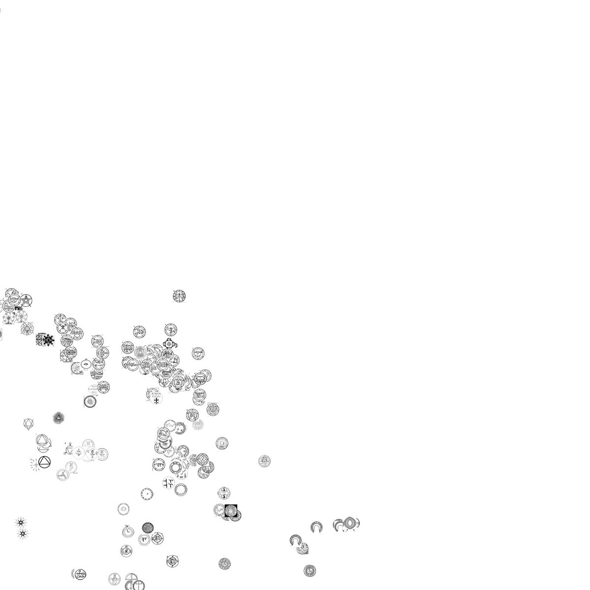 A scattered collection of black-and-white symbolic icons and emblems on a white background, including geometric shapes, letters, and abstract designs.