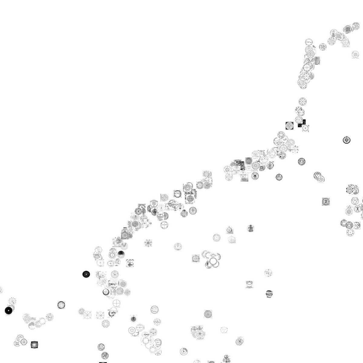 A black-and-white abstract composition featuring numerous small, intricate geometric symbols and shapes scattered across a white background, forming a loose, upward-sweeping pattern.