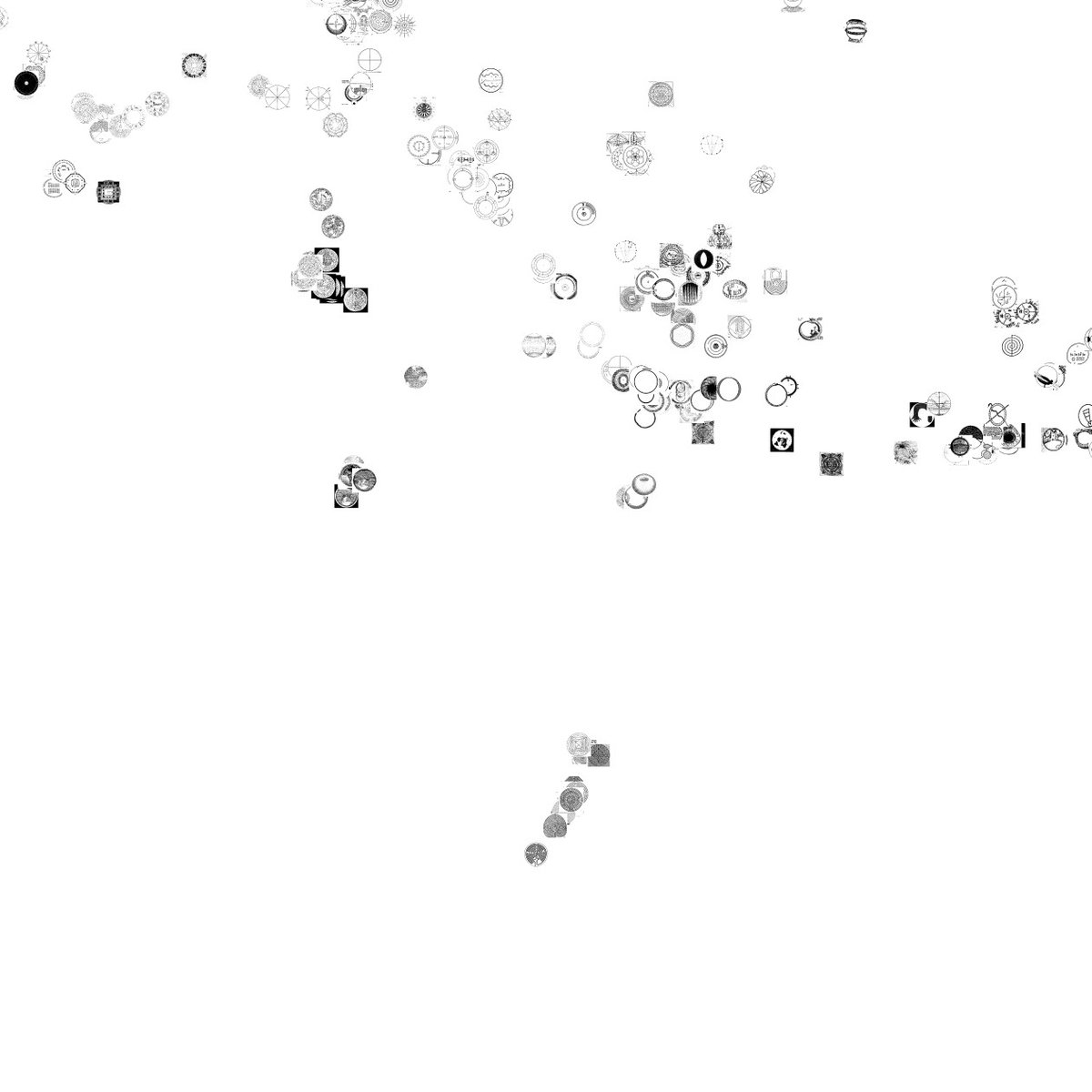 A black-and-white abstract composition featuring scattered geometric shapes, including circles, squares, and intricate patterns, arranged in a loose, asymmetrical layout across a white background.