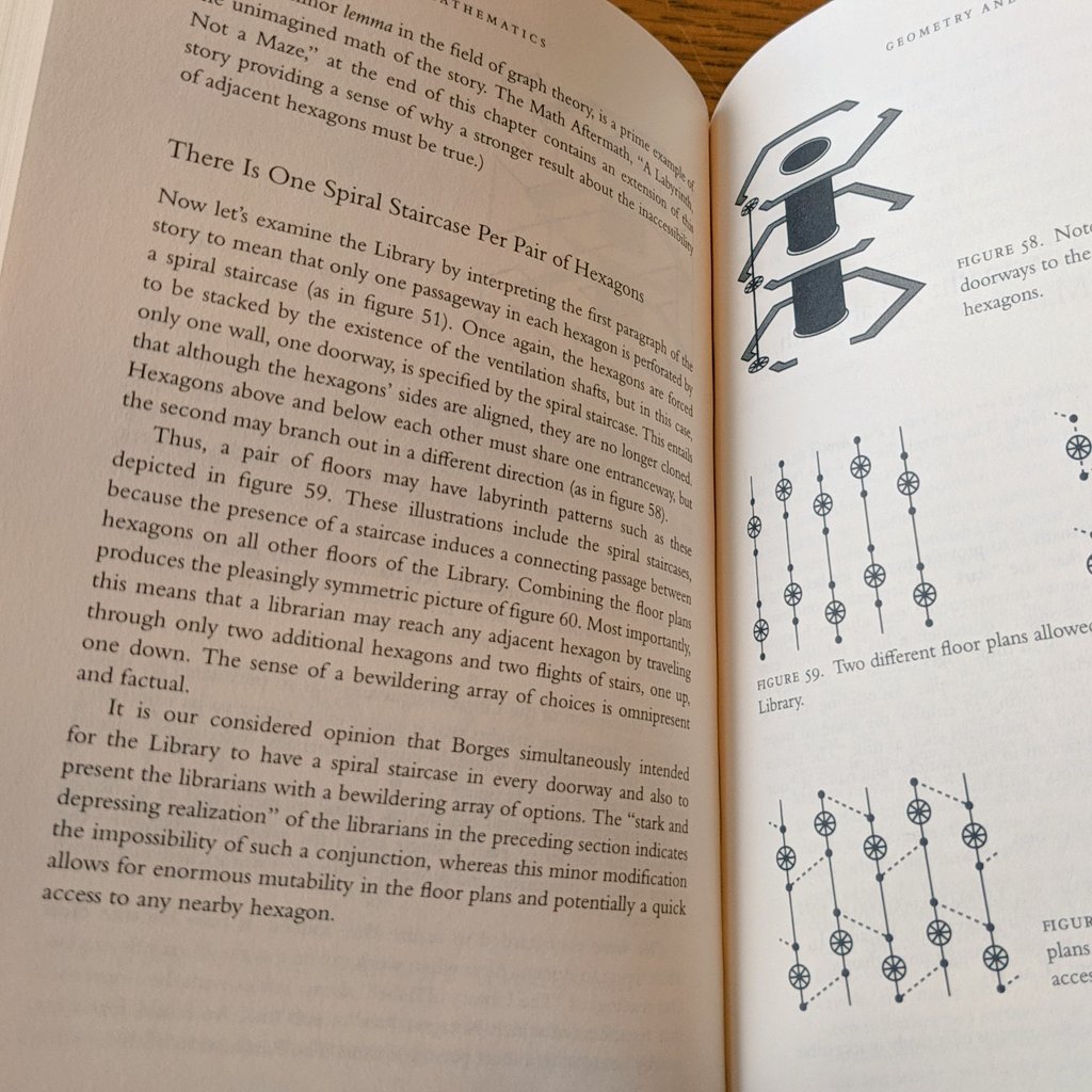 An open book displays text on the left page and diagrams on the right page. The text discusses spiral staircases and hexagons, while the diagrams illustrate architectural layouts.