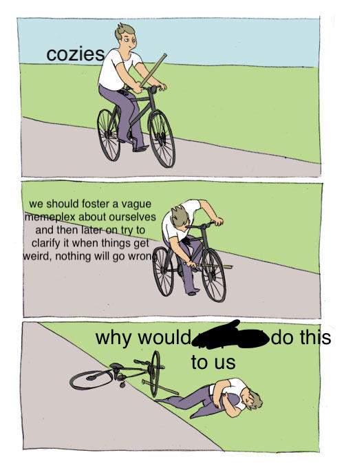 A three-panel comic shows a man on a bike, initially calm, then falling after a crash, with text expressing confusion and self-deprecation about his actions.