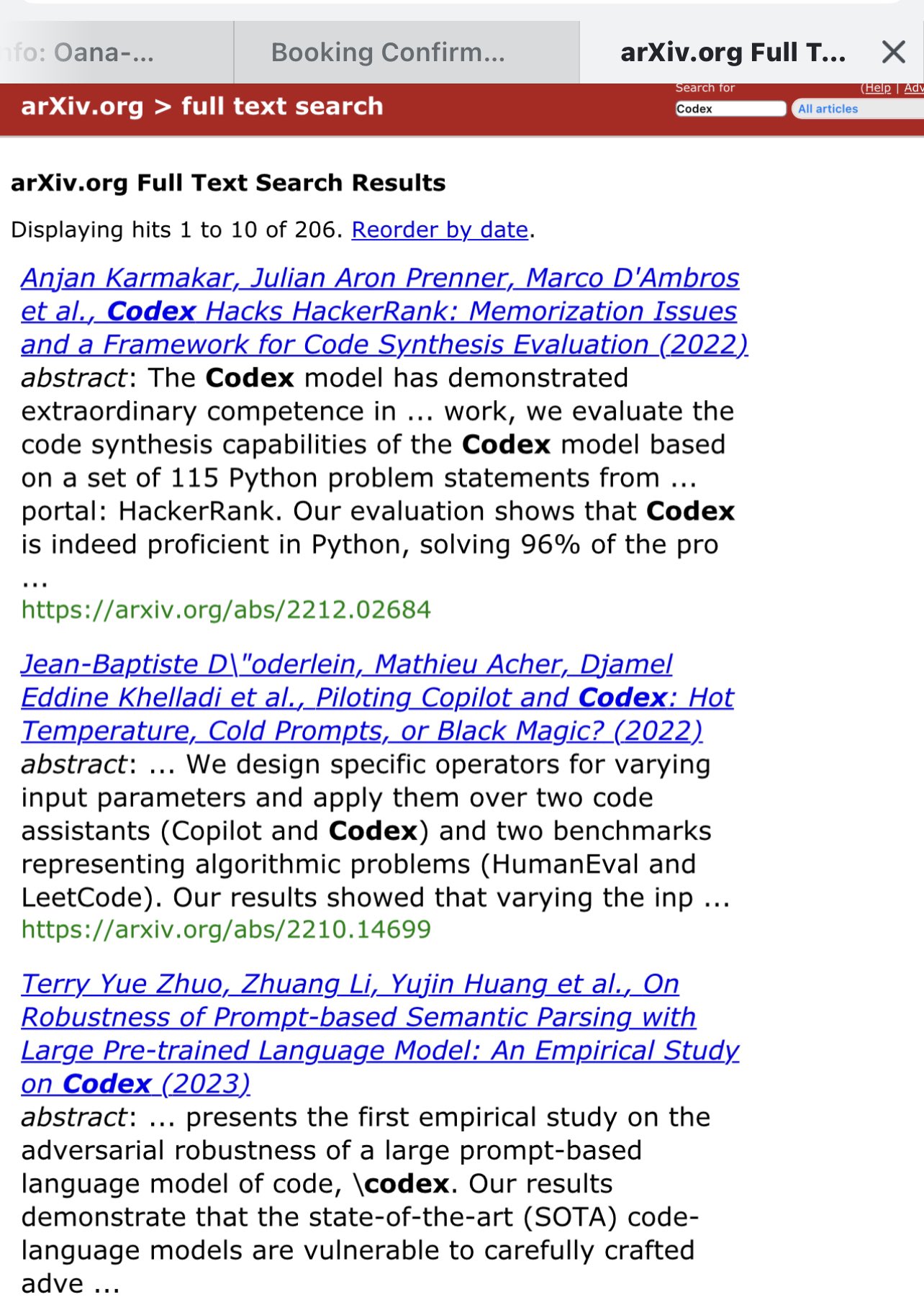 This image displays arXiv.org's full-text search results for the term "Codex," showing 10 out of 206 hits, including abstracts from three research papers on Codex, a large language model for code synthesis, published in 2022 and 2023.