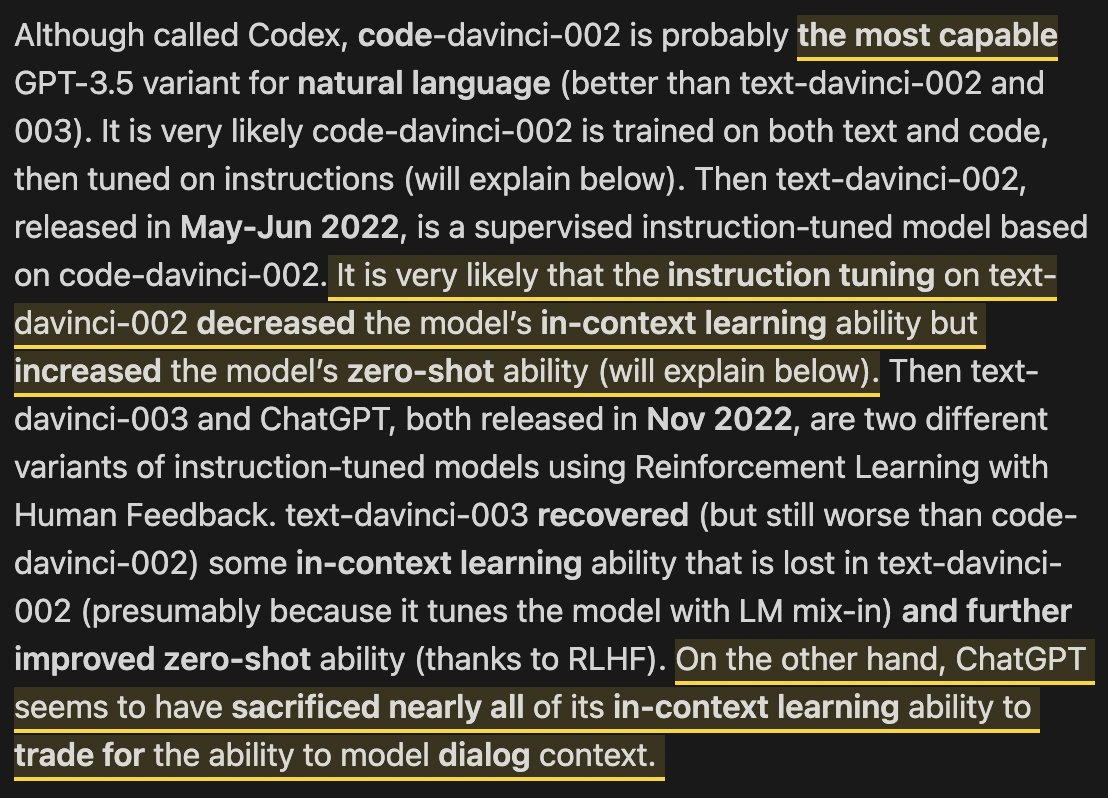 This image displays a block of text from a document discussing GPT-3.5 variants, with key phrases highlighted in yellow, including “the most capable,” “instruction tuning,” “in-context learning,” and “zero-shot ability.” The text describes the development and trade-offs among models like code-davinci-002, text-davinci-002, text-davinci-003, and ChatGPT.